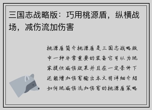 三国志战略版：巧用桃源盾，纵横战场，减伤流加伤害